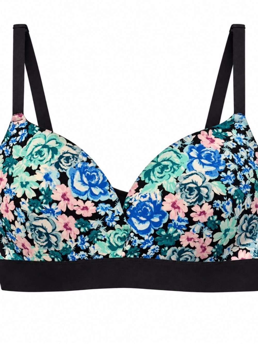 Floral Comfort Wireless Bra - Black with Blue & Pink Flowers by Pink Size 36C